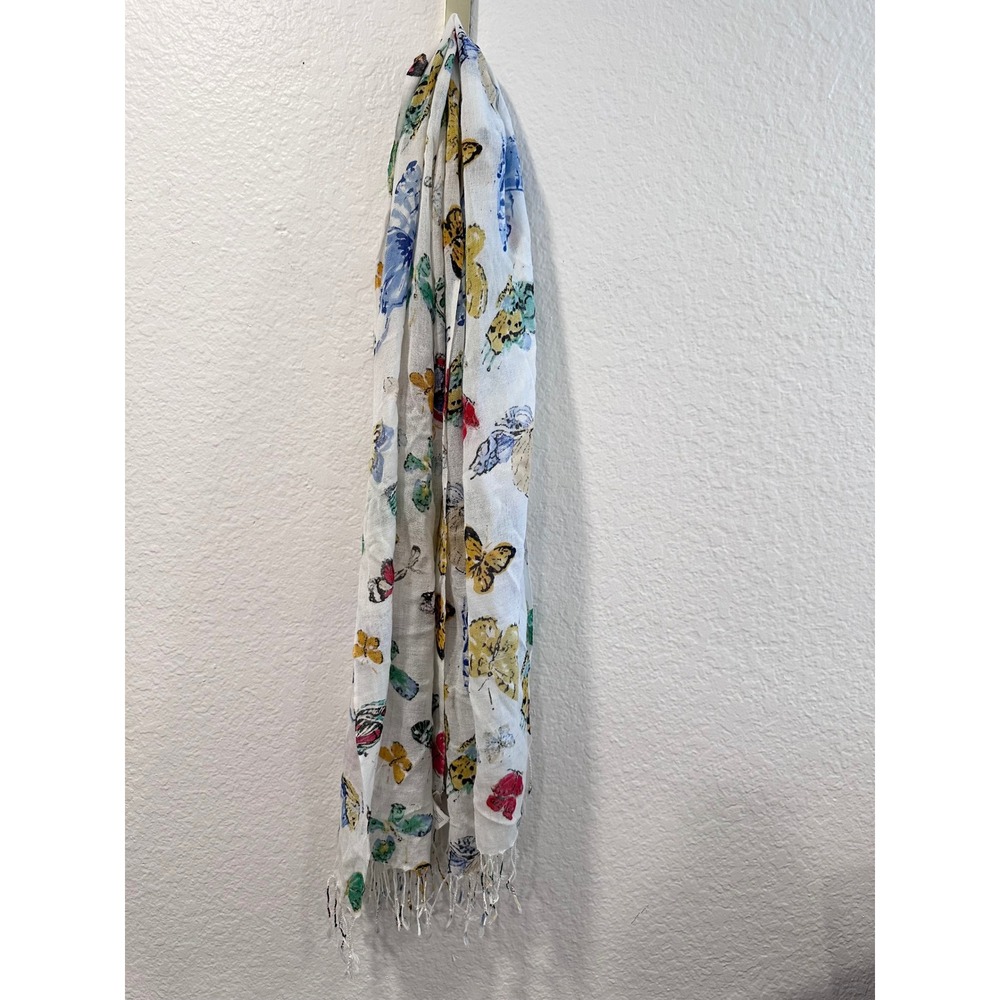 Old Navy Butterfly Print Scarf Shawl White Multi Color‎ Fringe Trim One Size - Picture 3 of 9